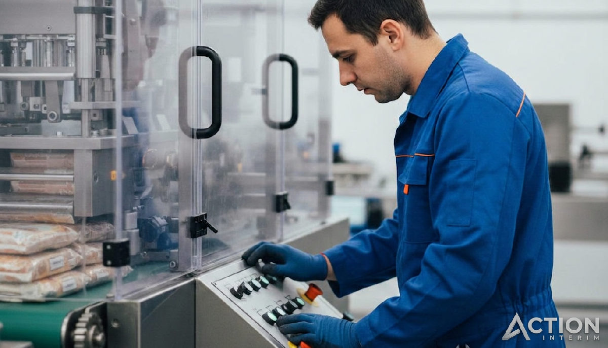 Mainteneur roumain vérifiant une machine de conditionnement agroalimentaire.