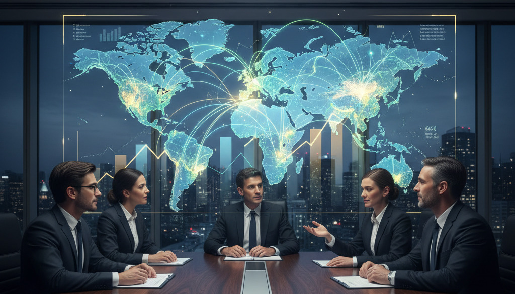 Executives observe AI's global reach and business ROI on a projected map.