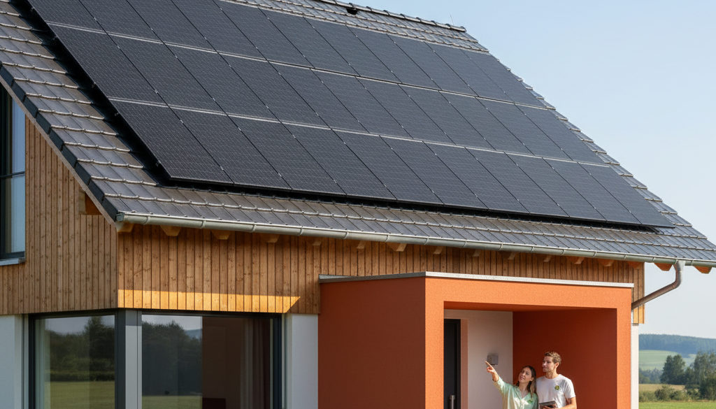 dotazy k fotovoltaice před instalací - Dům se solárními panely na střeše za slunečného dne.