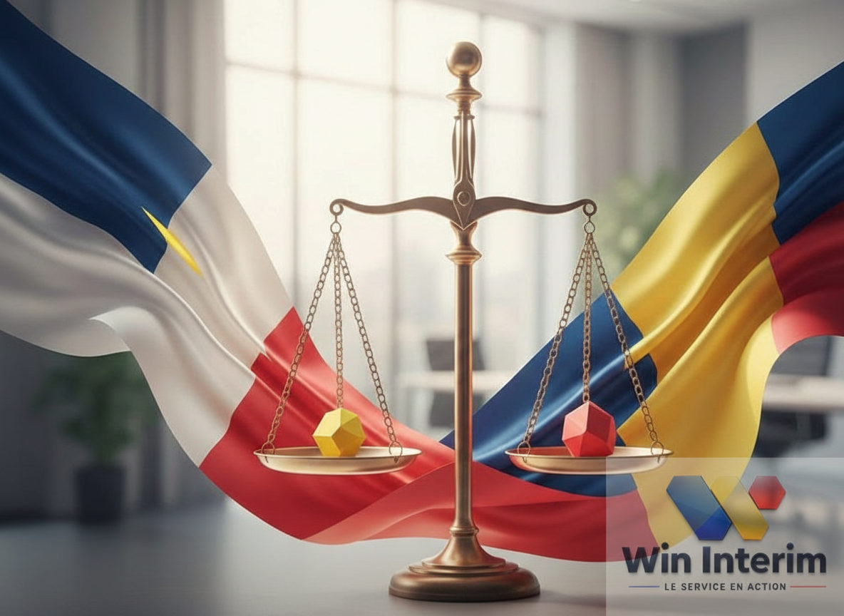 Drapeaux français et roumain sur des balances de la justice.