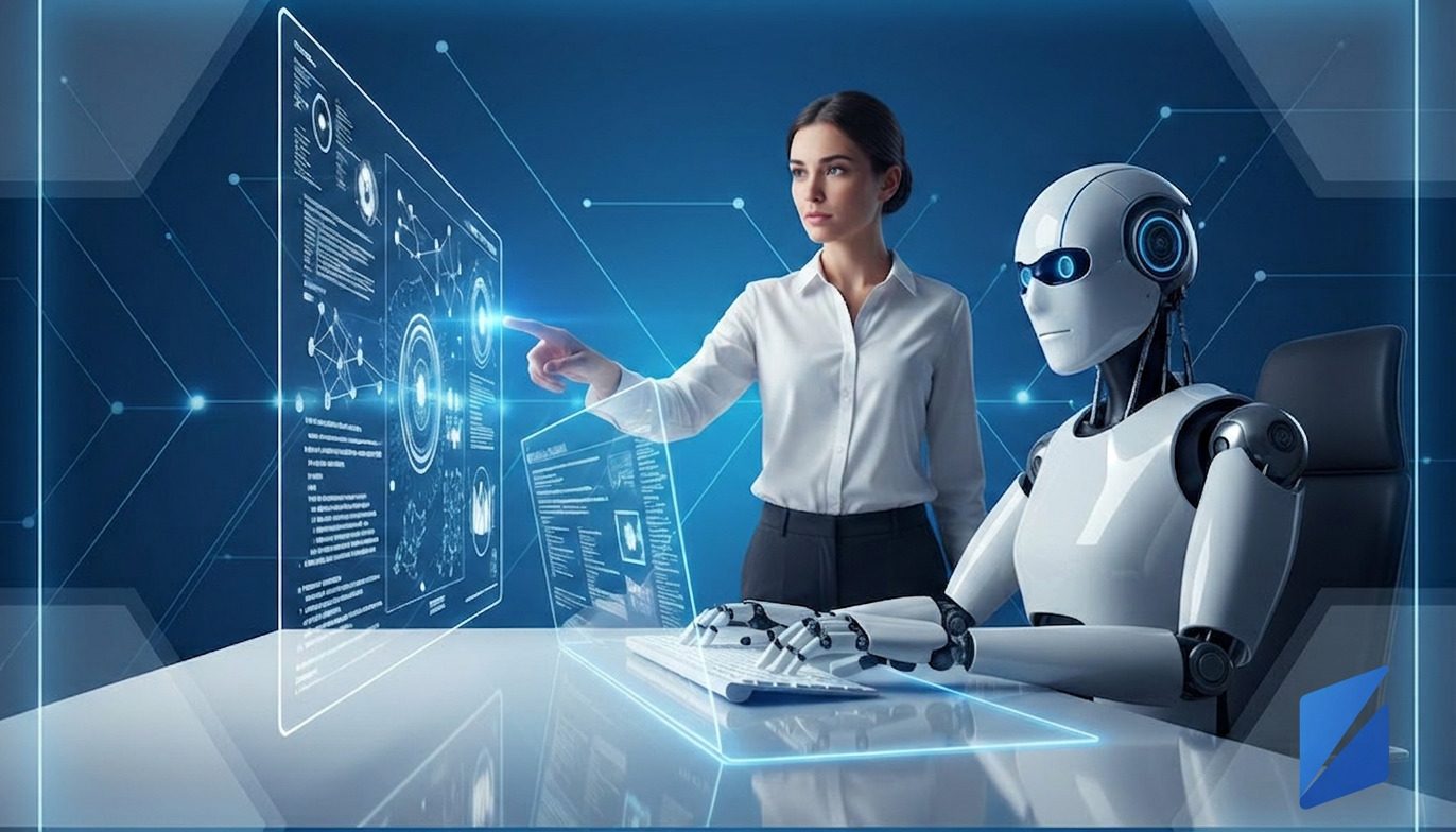 Human and robot collaborating at a desk, symbolizing AI and human partnership.
