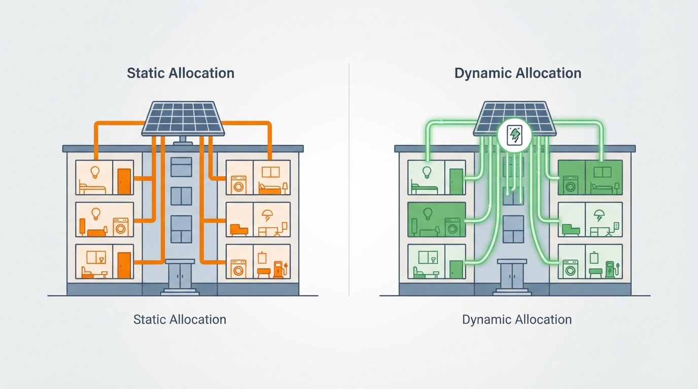 Digitální vizualizace distribuce elektrické energie mezi jednotlivými byty a chytrými elektroměry.