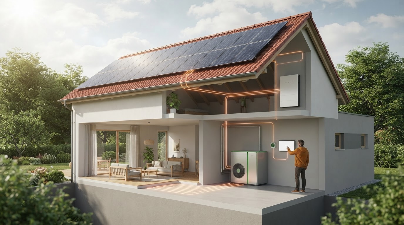 Vizualizace toku solární energie do baterie a tepelného čerpadla vytápějícího dům.