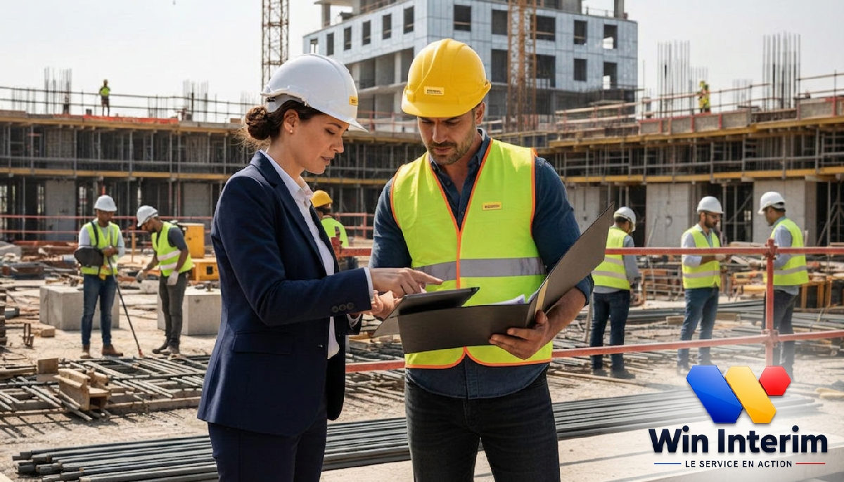 Inspecteur du travail et responsable examinant des documents sur un chantier.