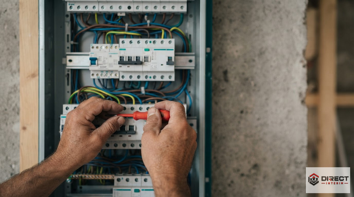 Gros plan sur un électricien travaillant avec précision sur un tableau électrique.