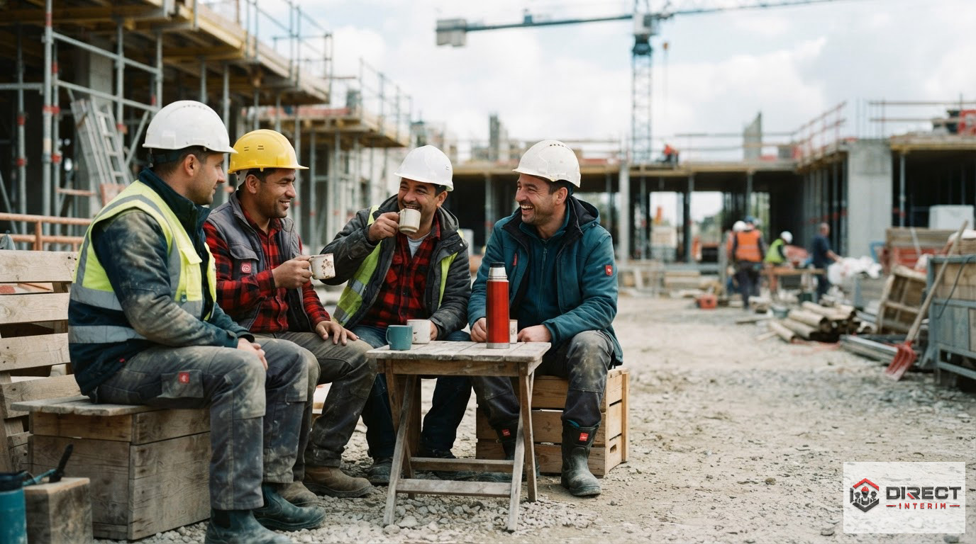 Une équipe mixte d'ouvriers prend une pause café sur un chantier.