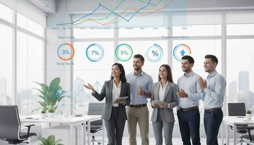 Team celebra la strategia di contenuti di successo con la visualizzazione delle metriche di coinvolgimento.