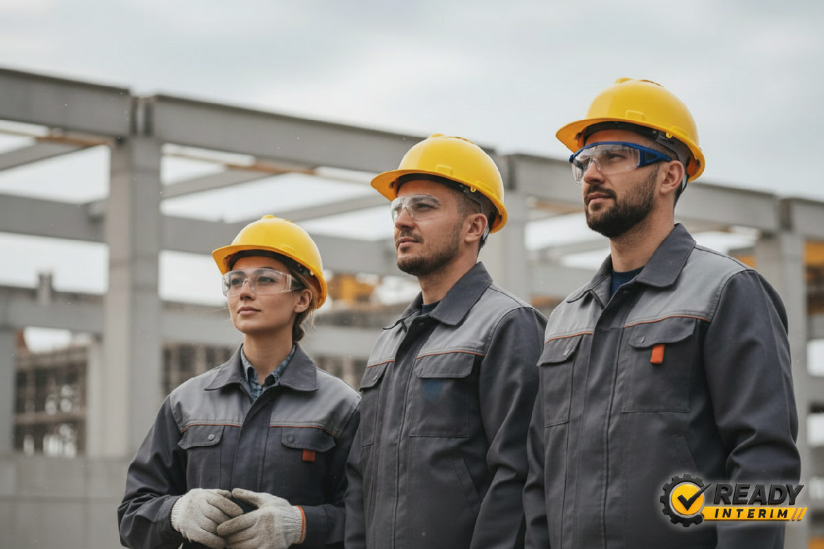 Travailleurs roumains qualifiés sur un chantier industriel sécurisé.