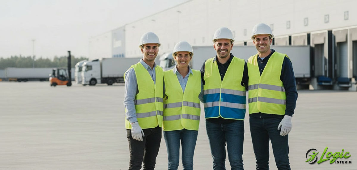 Travailleurs roumains souriants en sécurité sur un site logistique français.