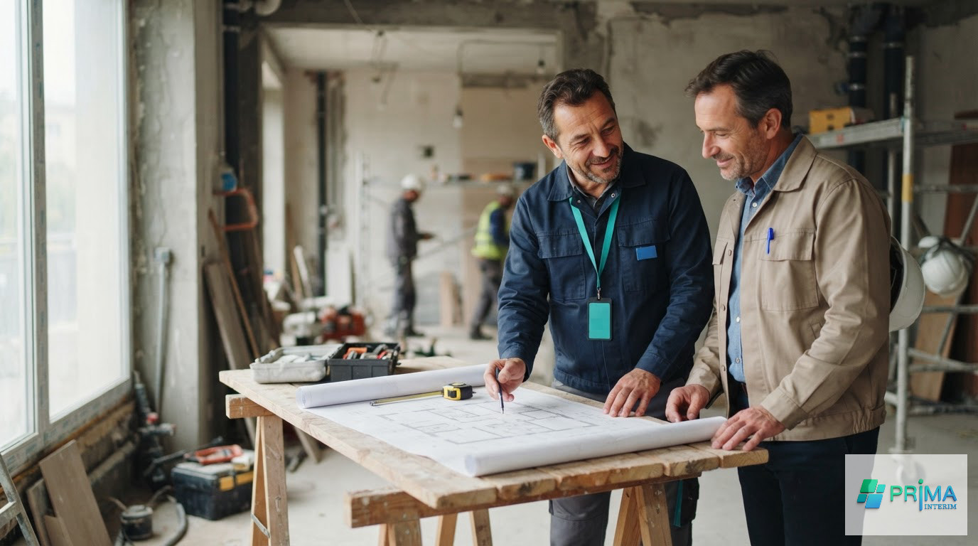 Un ouvrier roumain et un chef de chantier étudiant des plans de construction.