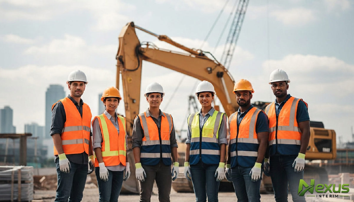 Chantier international avec personnel qualifié et équipement de sécurité.