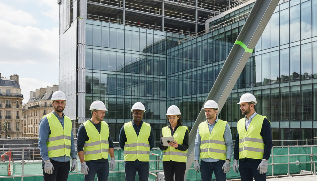 Équipe de construction diversifiée travaillant sur un chantier moderne.