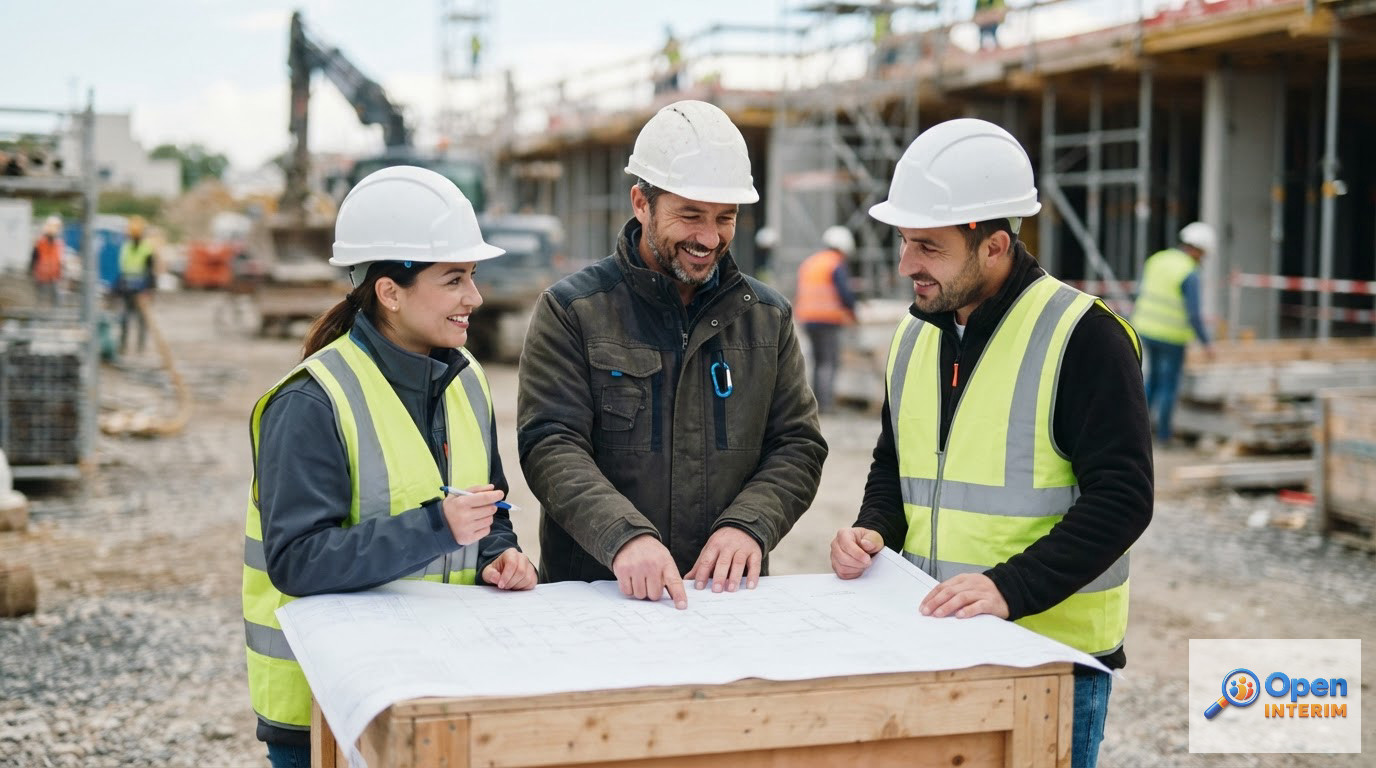 Une équipe française et roumaine collaborant sur un plan de construction.
