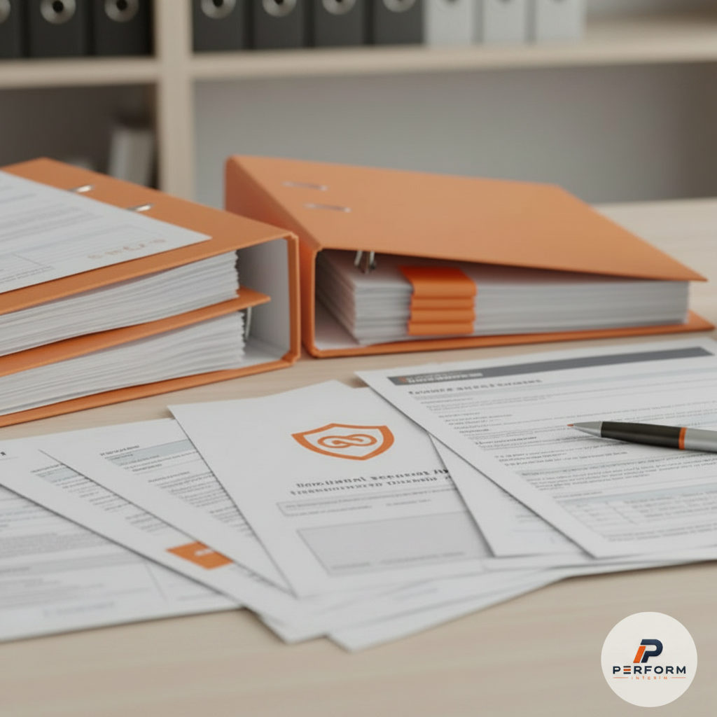 Documents ONSS et contrats d'assurance pour intérimaires.