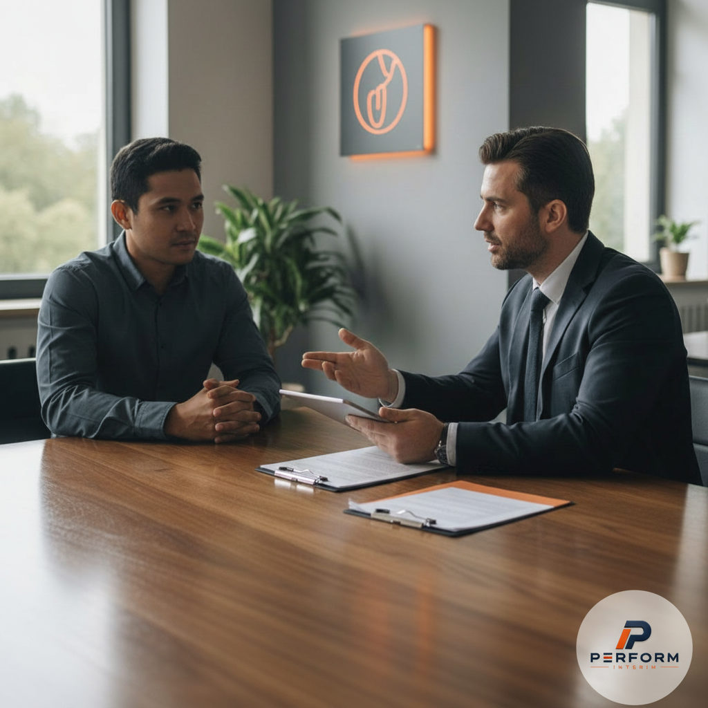 Entretien professionnel entre recruteur et candidat étranger.