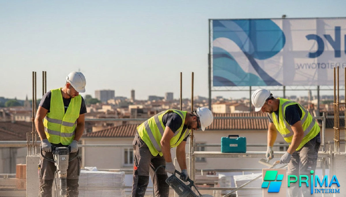 Fête Nationale travailleurs roumains détachés Montpellier - Ouvriers roumains travaillant sur un chantier à Montpellier par beau temps.