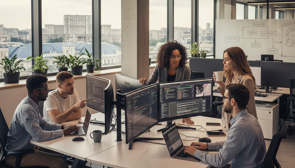recrutement IT roumanie France – Espace de bureau moderne à Bucarest avec des professionnels IT diversifiés.