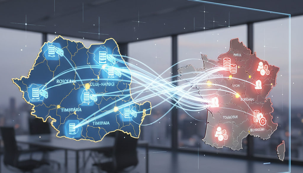 Synergie économique entre la France et la Roumanie symbolisée par des hubs IT.