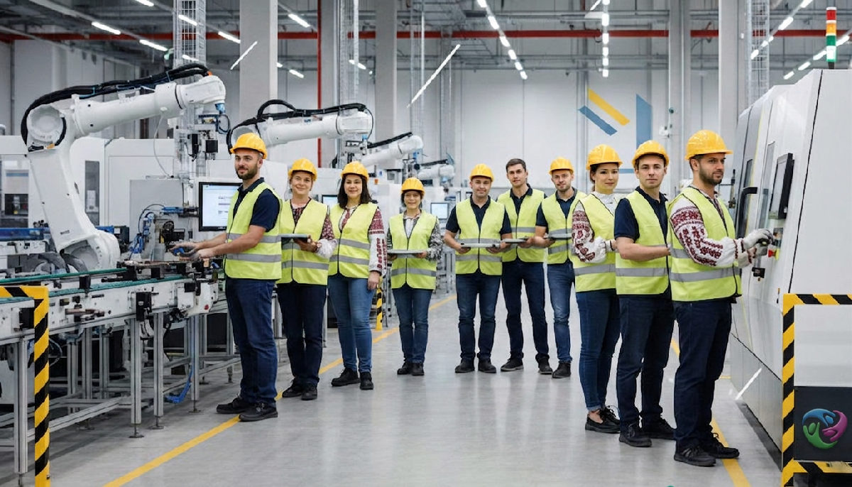 Employés diversifiés travaillant ensemble sur un site de production moderne.