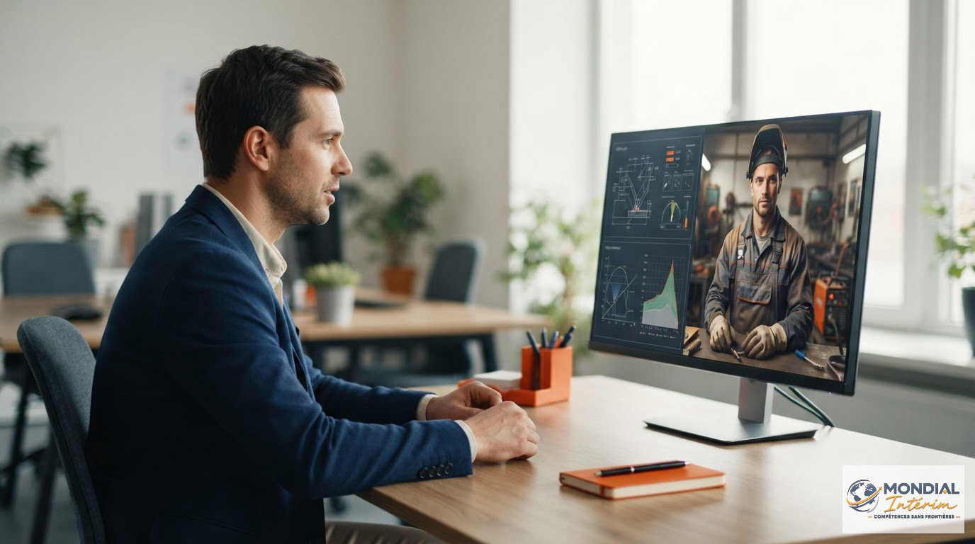 Un recruteur en visioconférence avec un candidat soudeur pour évaluer ses compétences techniques.
