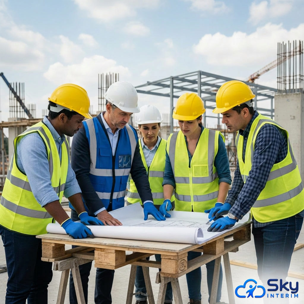 Chef de chantier échangeant avec son équipe devant un plan.