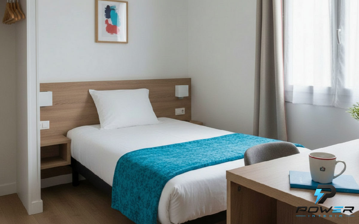 Chambre d'ouvriers détachés propre et bien équipée en France.