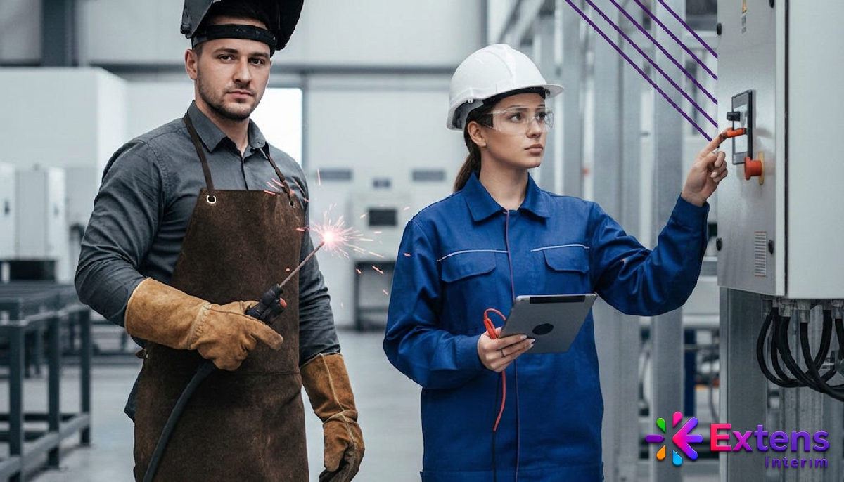 Travailleurs qualifiés roumains confiants sur un site industriel.