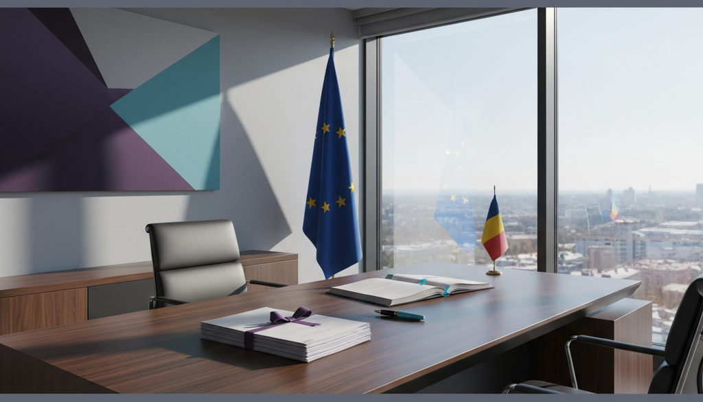 détachement travailleurs roumains guide - Bureau avec documents et drapeau de l'UE illustrant le détachement.