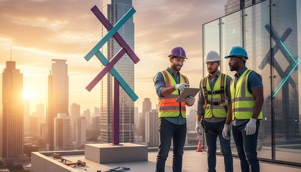 Ouvriers qualifiés sur chantier moderne avec équipements de sécurité.