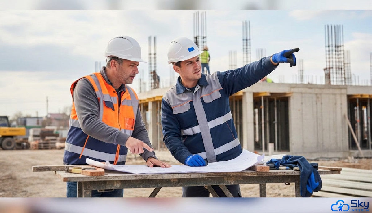 Réunion de chantier entre un Français et un chef d'équipe roumain.