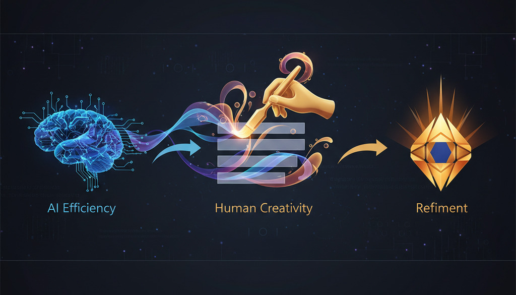Infographic showing AI workflow from draft to human refinement.