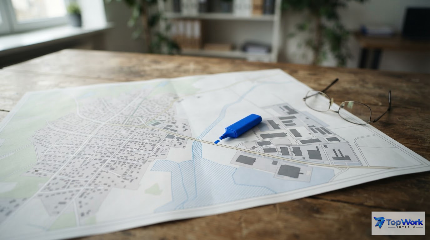 Un plan urbain illustrant la proximité entre zones résidentielles et industrielles.