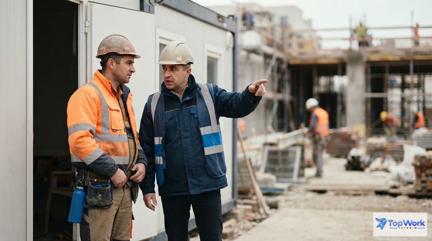 Un ouvrier en tenue de sécurité échangeant avec son chef de chantier.