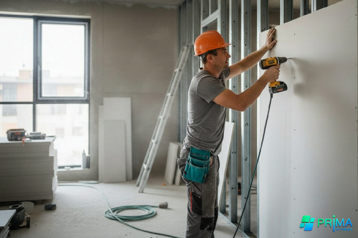 comment recruter un plaquiste roumain - Plaquiste roumain travaillant sur un chantier moderne.