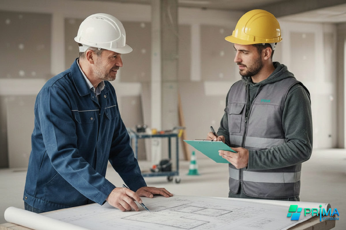 Chef de chantier expliquant les plans à un plaquiste roumain.