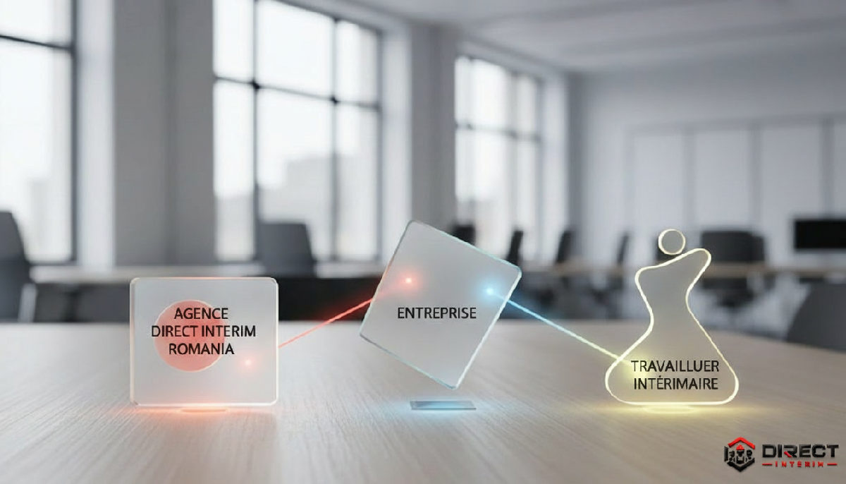Schéma de la relation tripartite agence d'intérim, entreprise et travailleur roumain.