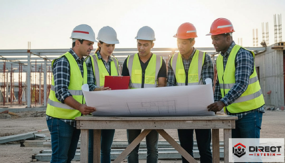 Travailleurs du BTP multinationaux discutant autour d'un plan de construction.