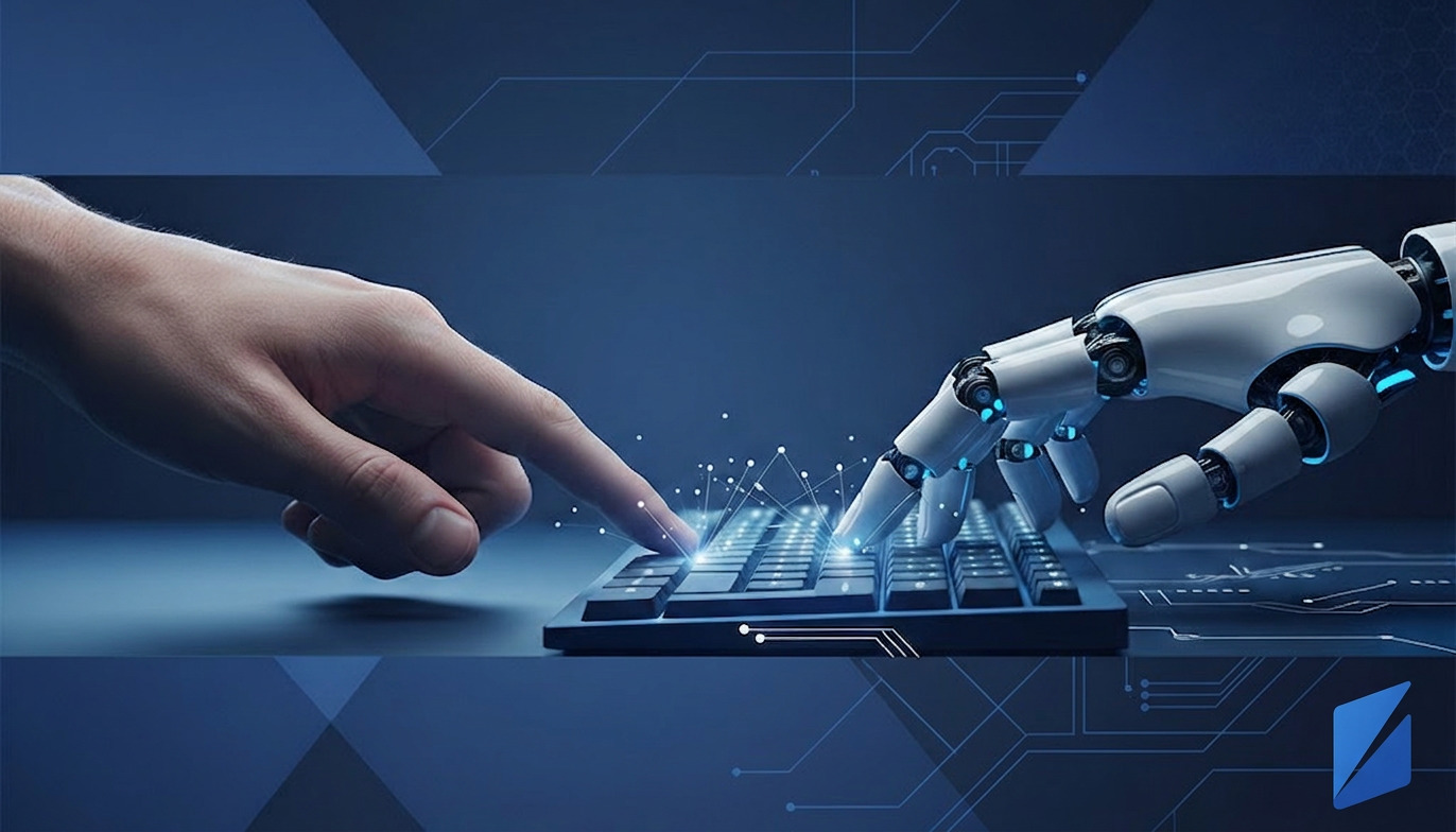 Mani umane e robotiche che lavorano insieme su una tastiera.