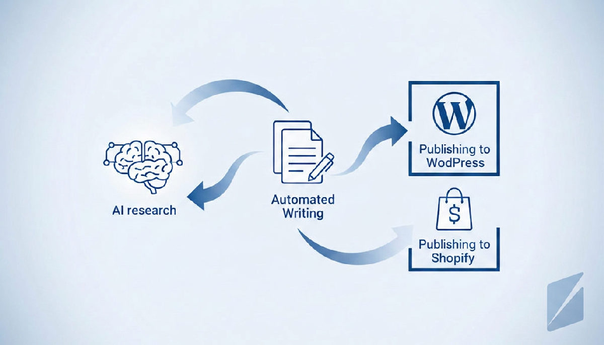 Infographic of AI research, automated writing, and instant publishing workflow.