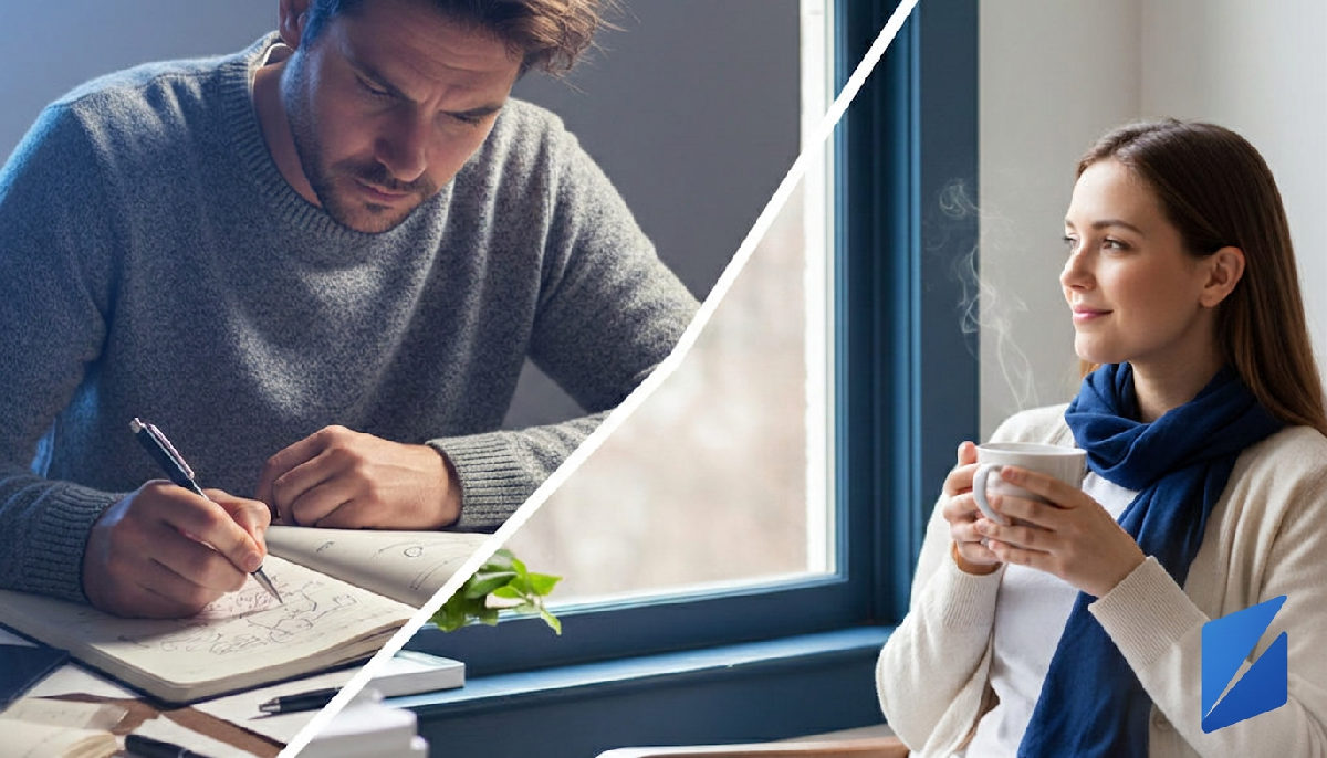 Manual writing stress vs. AI content publishing relaxation.