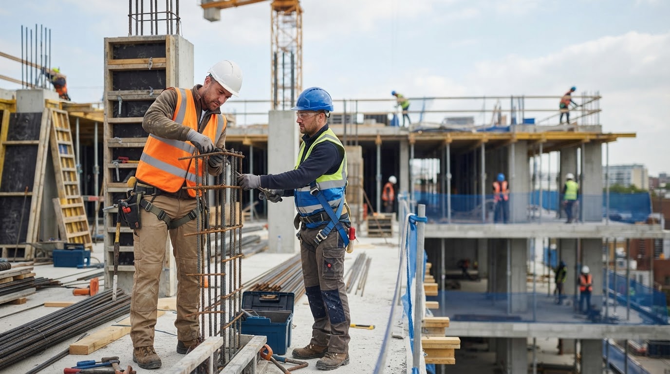 guide recrutement roumain btp pour entreprises – Ouvriers qualifiés travaillant en équipe sur un chantier de construction mod
