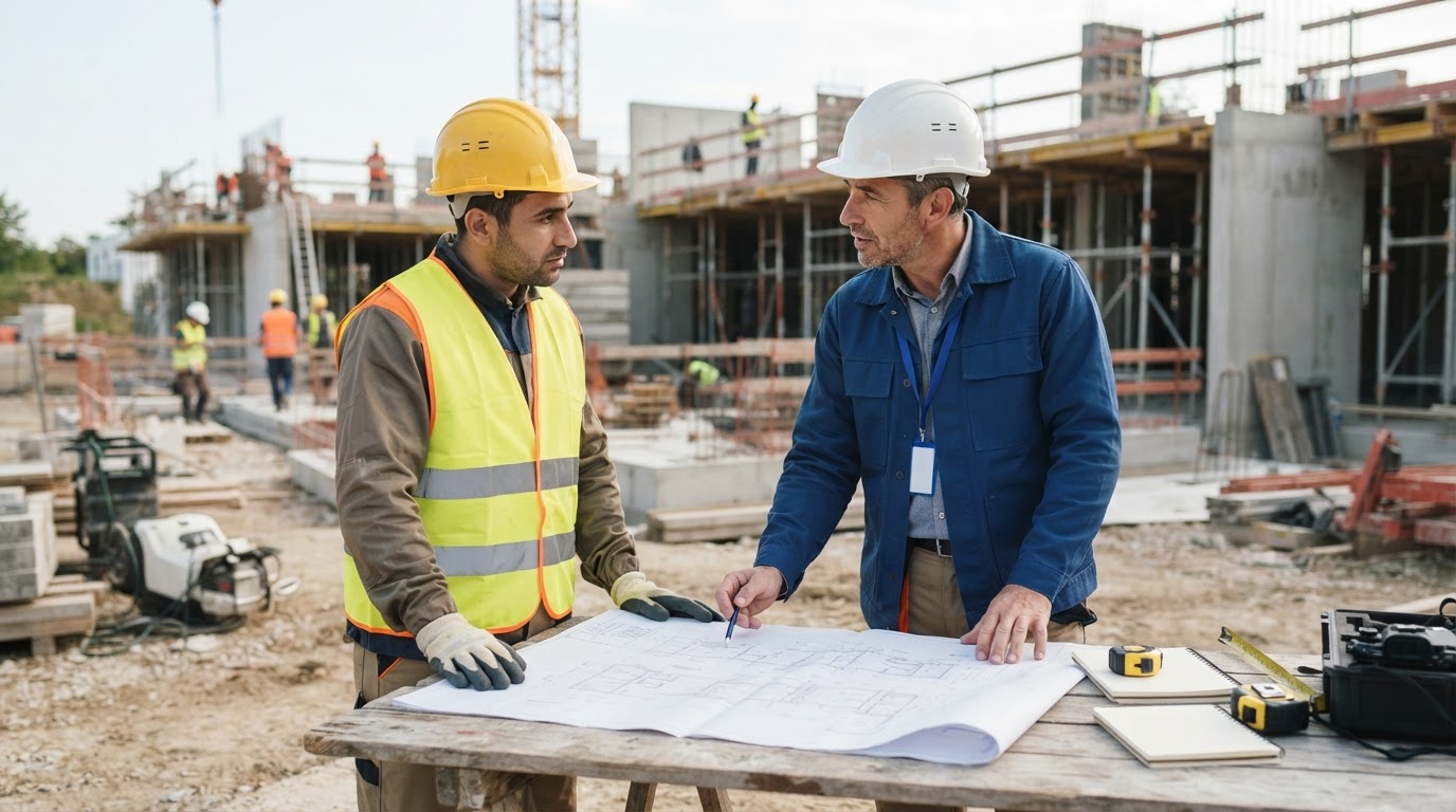 Un chef de chantier discutant des plans avec un ouvrier professionnel.