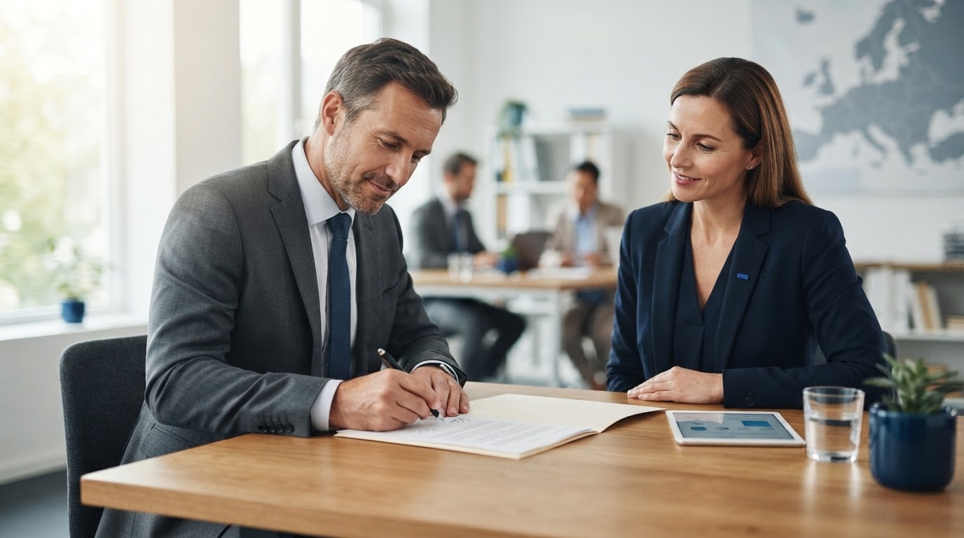 Signature d'un contrat entre un dirigeant et un représentant d'agence.