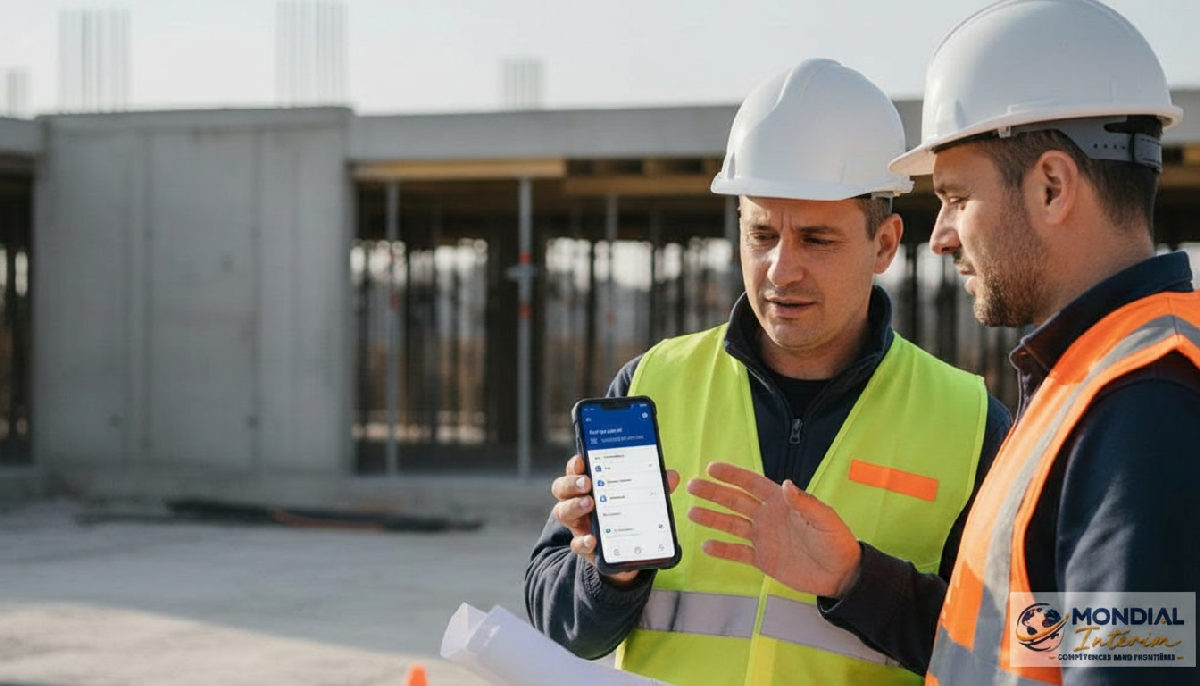comment surmonter barrière linguistique intérimaires roumains - Manager et ouvrier discutent sur un chantier avec un traducteur.