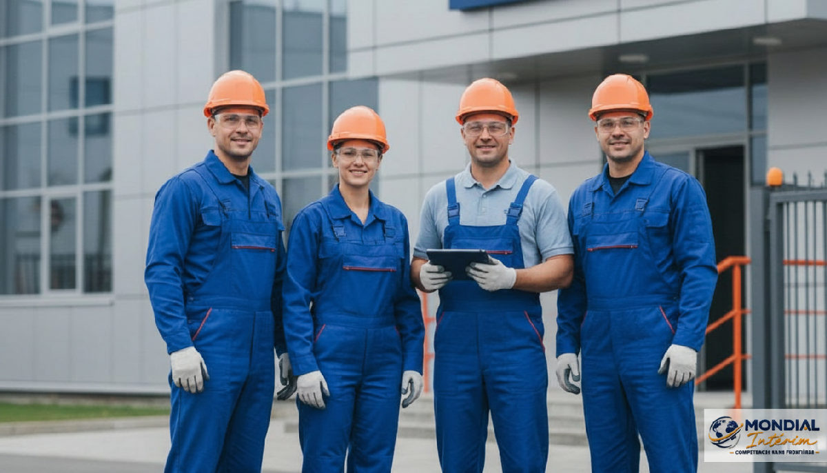 Ouvriers roumains souriants dans une usine moderne.