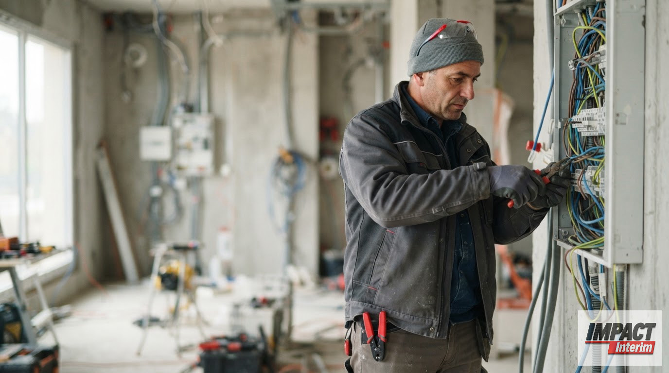 Ouvrier qualifié installant des systèmes électriques complexes sur un chantier.