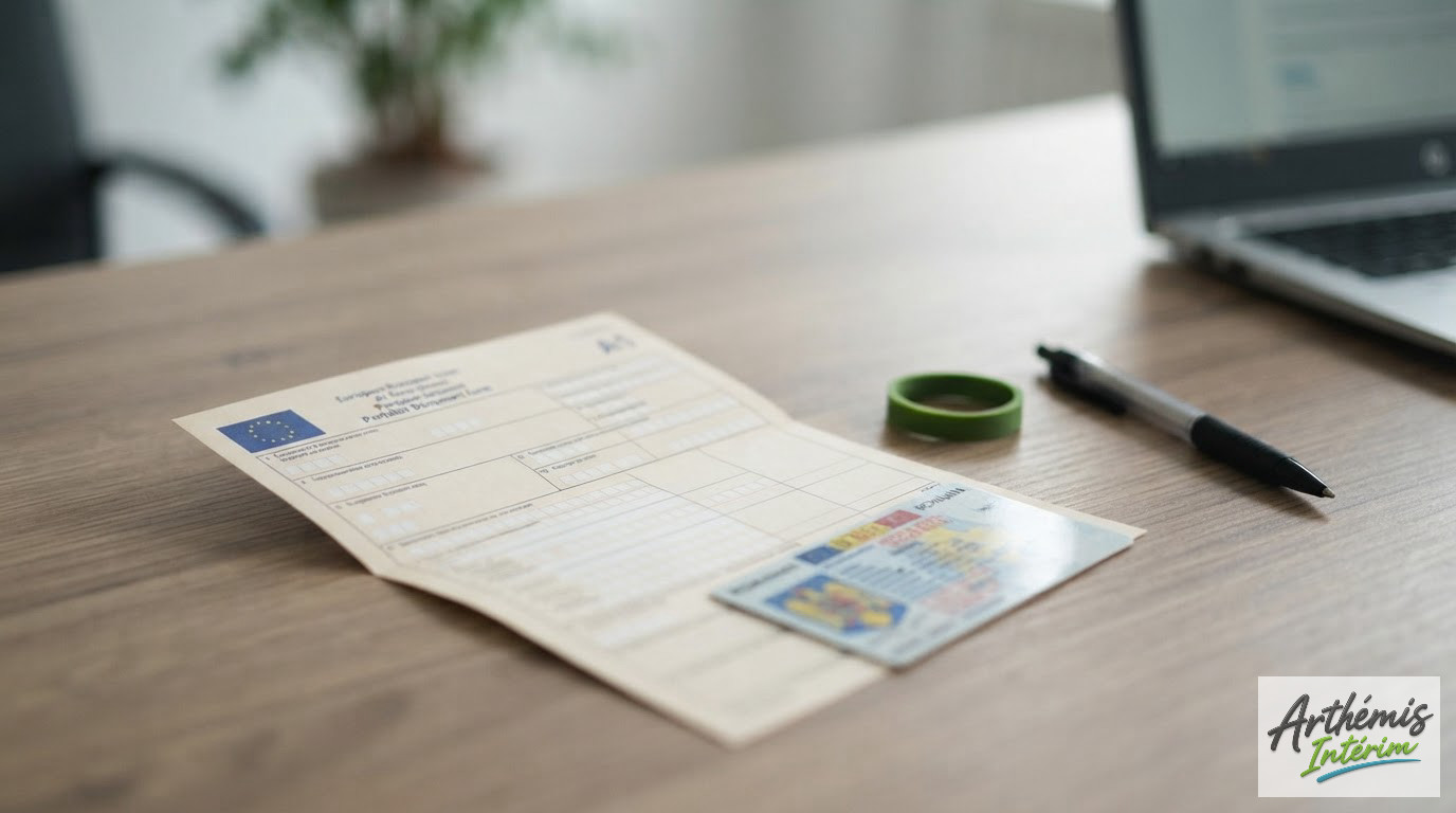 Un formulaire A1 et une carte d'identité roumaine sur un bureau.