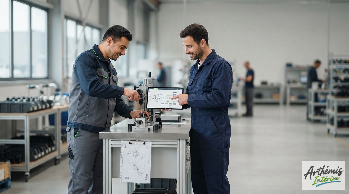 Une équipe d'ouvriers collaborant efficacement dans une usine moderne.