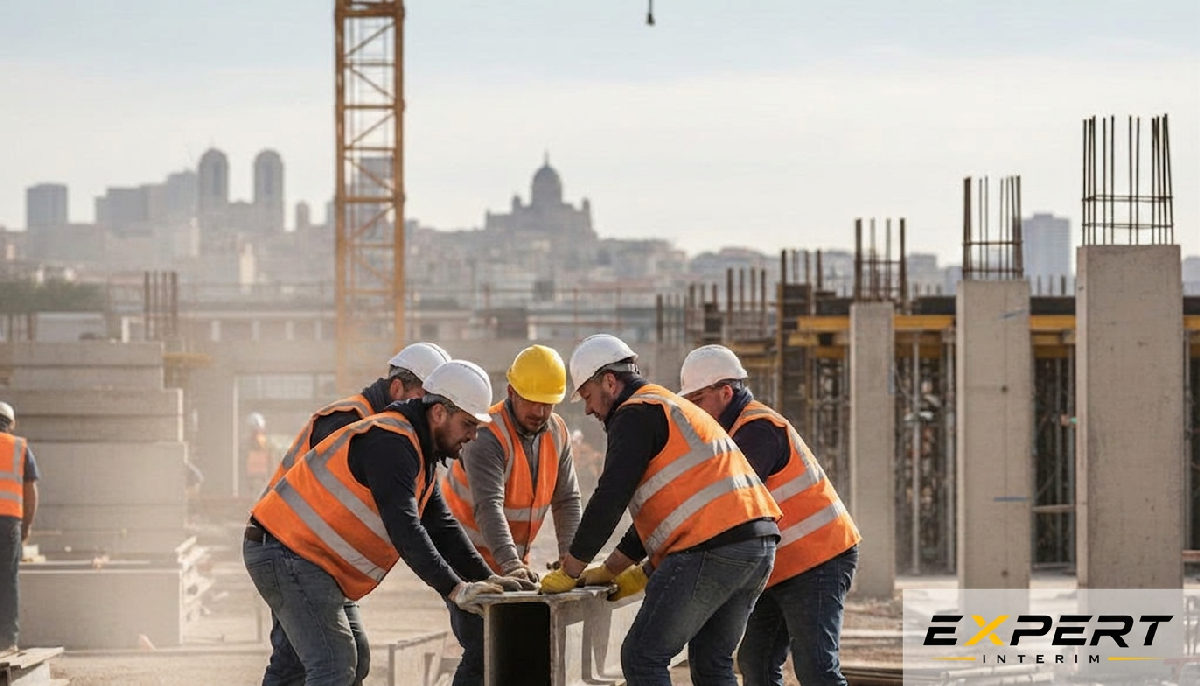 Fête Nationale travailleurs roumains détachés Marseille - Chantier animé à Marseille avec des travailleurs en gilets haute visibilité.