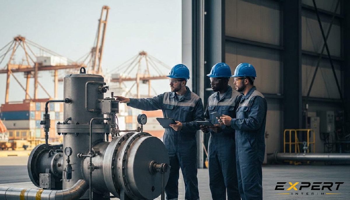 Inspecteurs professionnels examinant des équipements industriels près du port de Marseille.